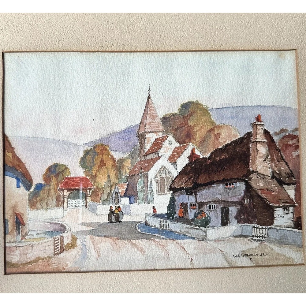 VTG 1931 WG Goodman JR Original Watercolor 14x12 Inch Town Village Church Framed